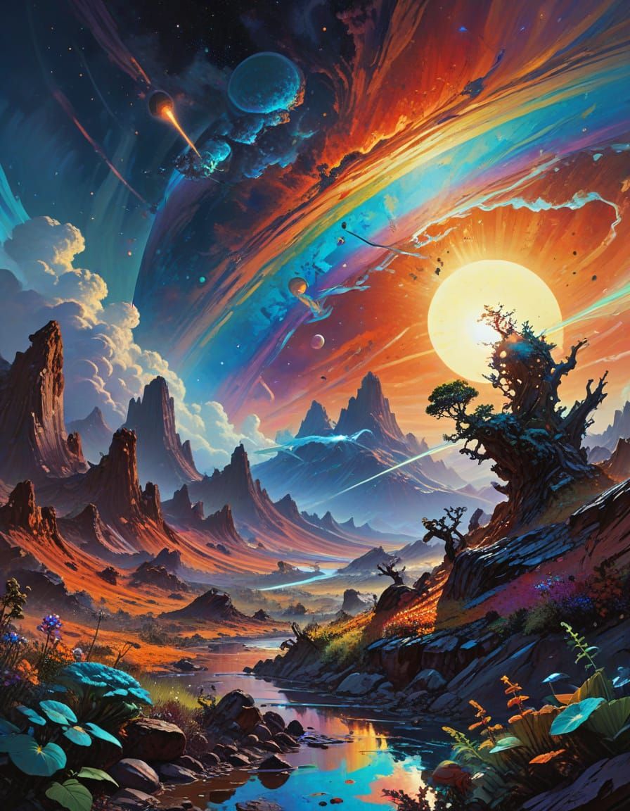 Gouache painting. Long shot. A brilliant sunrise on a distant, alien planet. Refracted prismatic lighting creates rainbo...