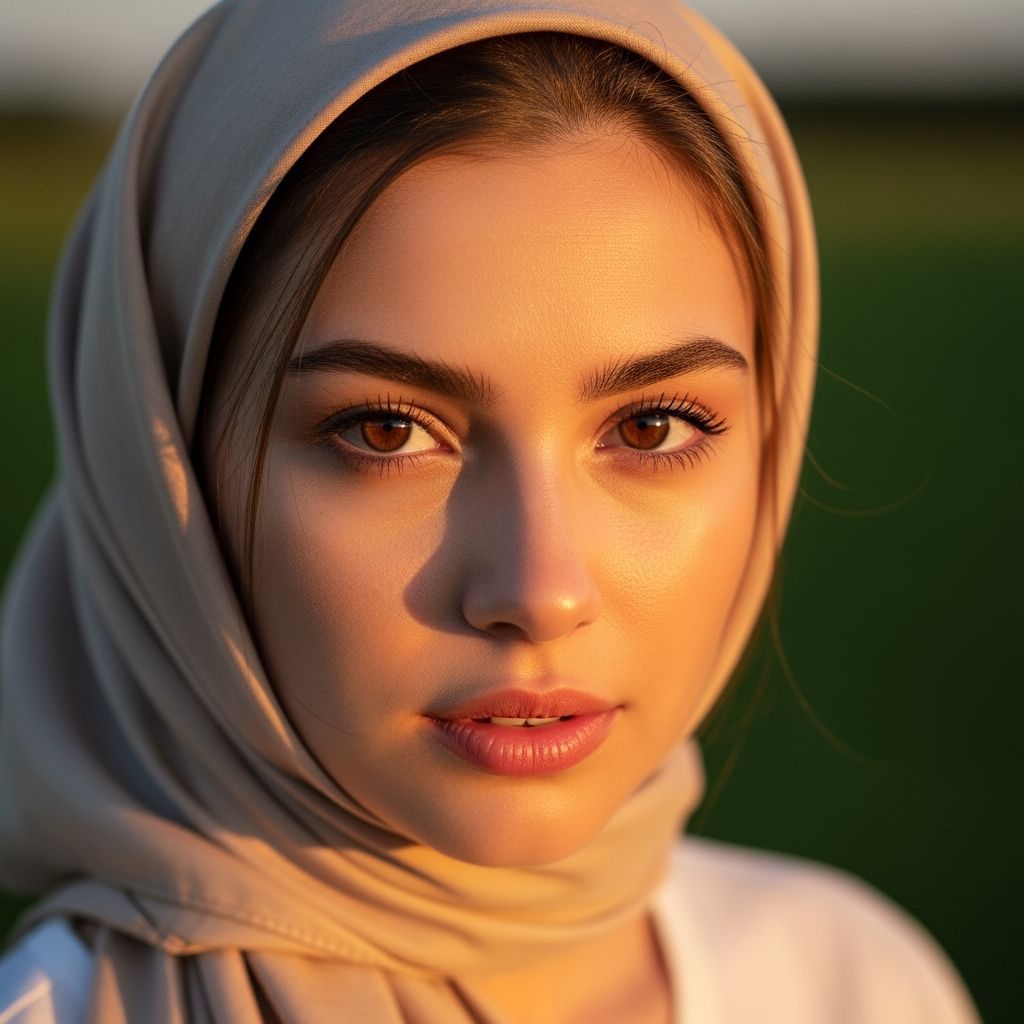 Beautiful Woman in Beige Headscarf in Golden Hour Light