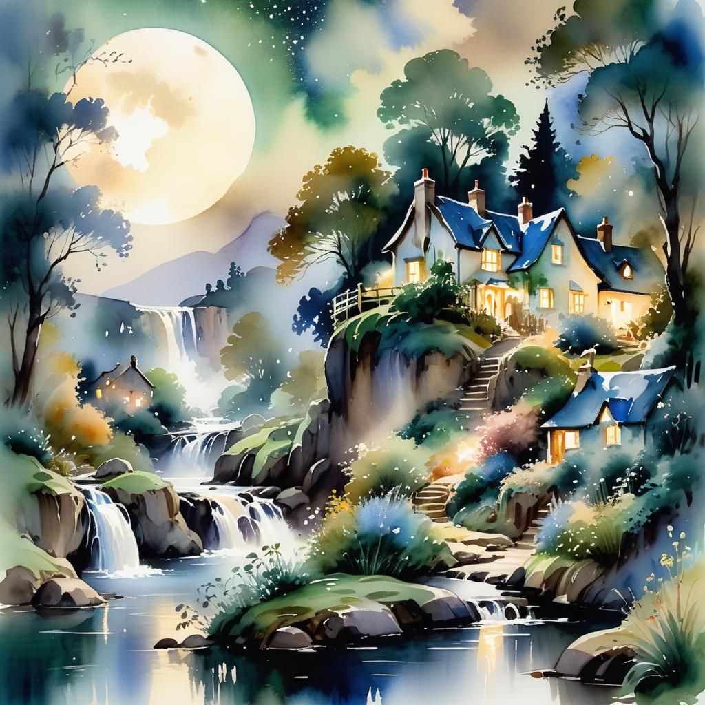 Fantasy Landscape Watercolour Painting under Full Moon