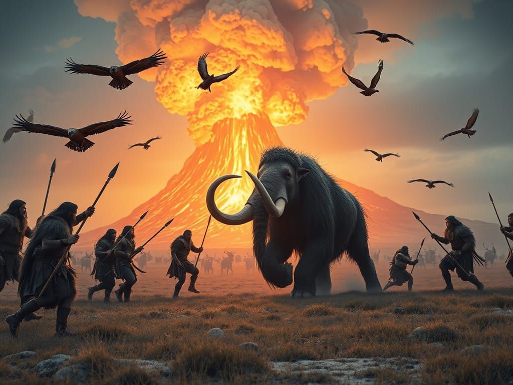 Barbarians Battle Cybernetic Mammoth Near Exploding Volcano