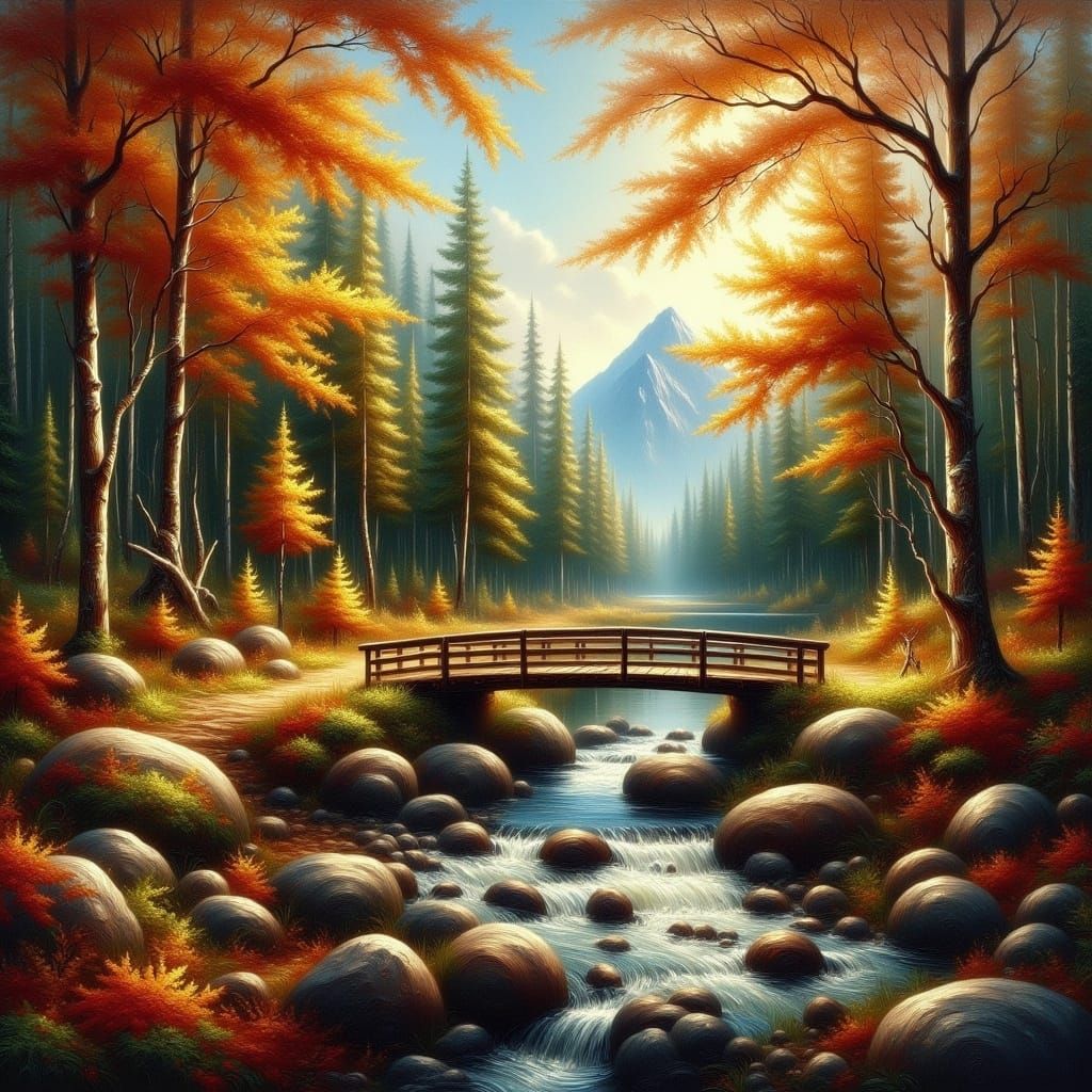 Autumn Mountain Forest Scene with Rustic Bridge