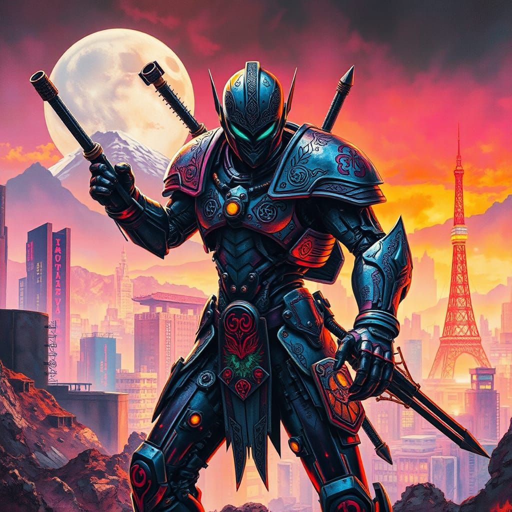 Celtic Cyborg Warrior in Futuristic Cityscape