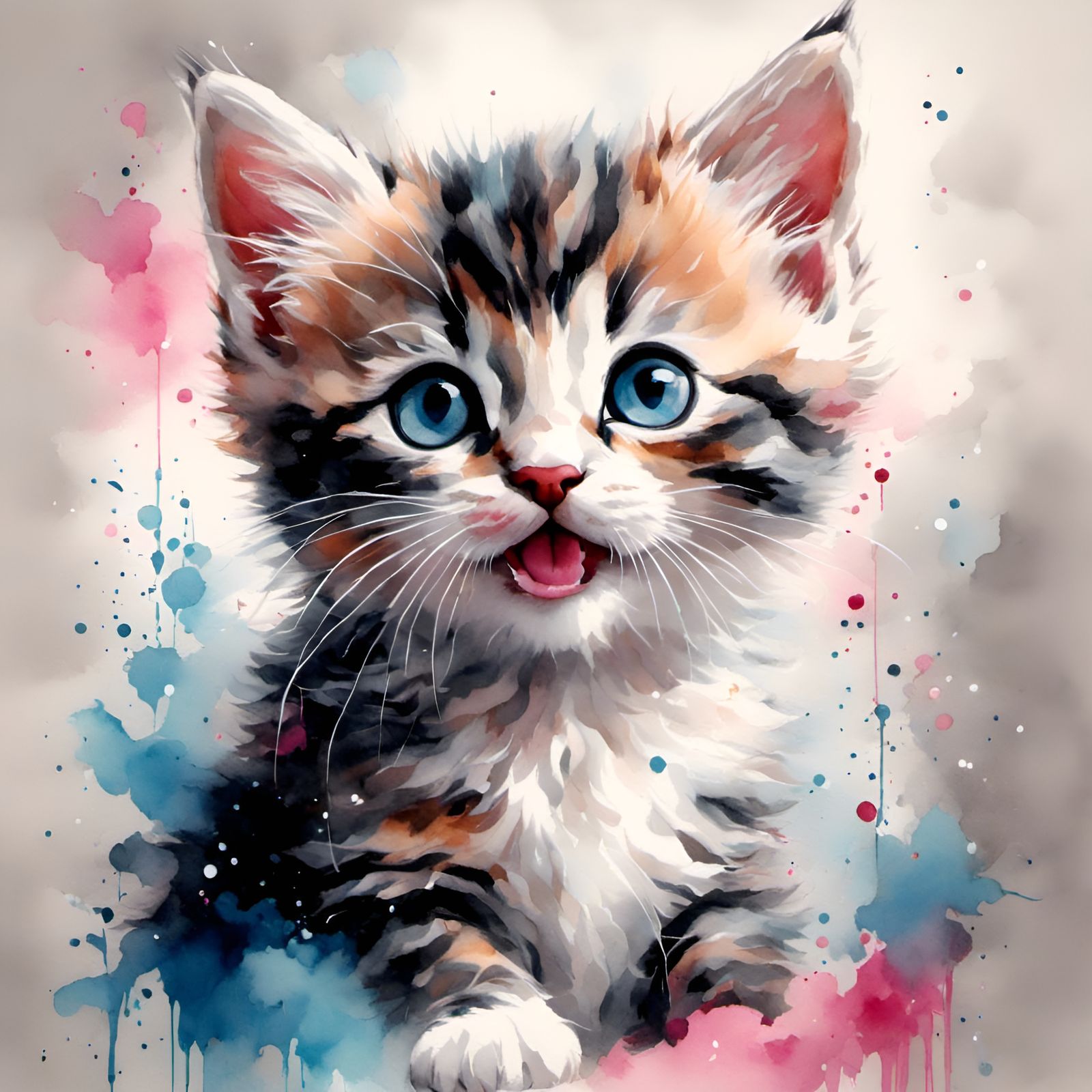 Adorable Kitten with Blue Eyes in Watercolor Style