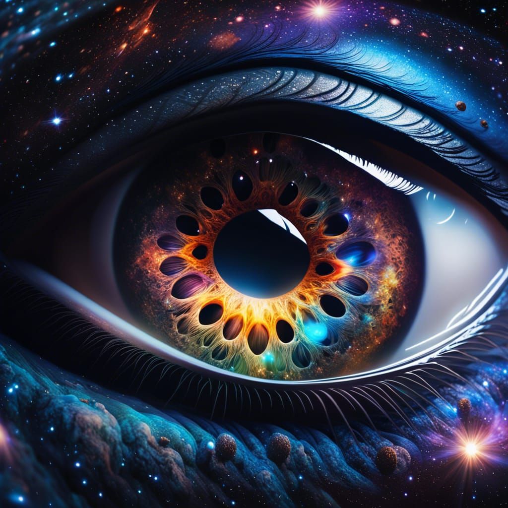 Intricate Eye Reflecting Cosmic Nebula and Stars