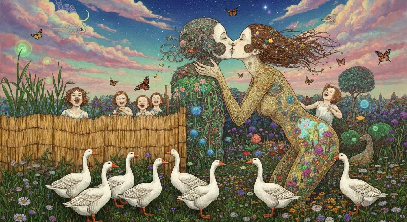 Folkloric Robot with Twins in Surreal Eco-Art Garden