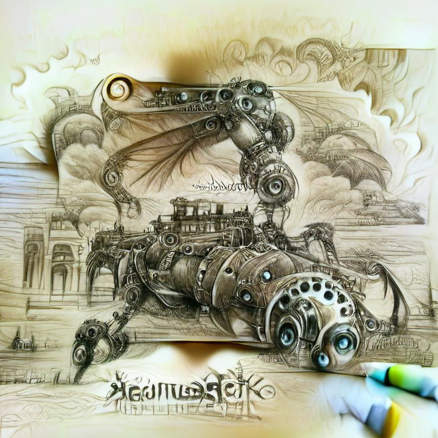 Steampunk Mechanical Beasts Awaken: Pencil Sketch Art