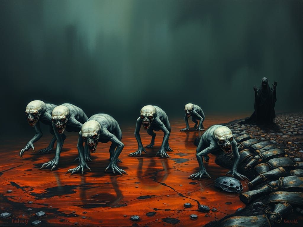 Eerie Humanoids Crawling on Rust River: Surreal Oil Painting