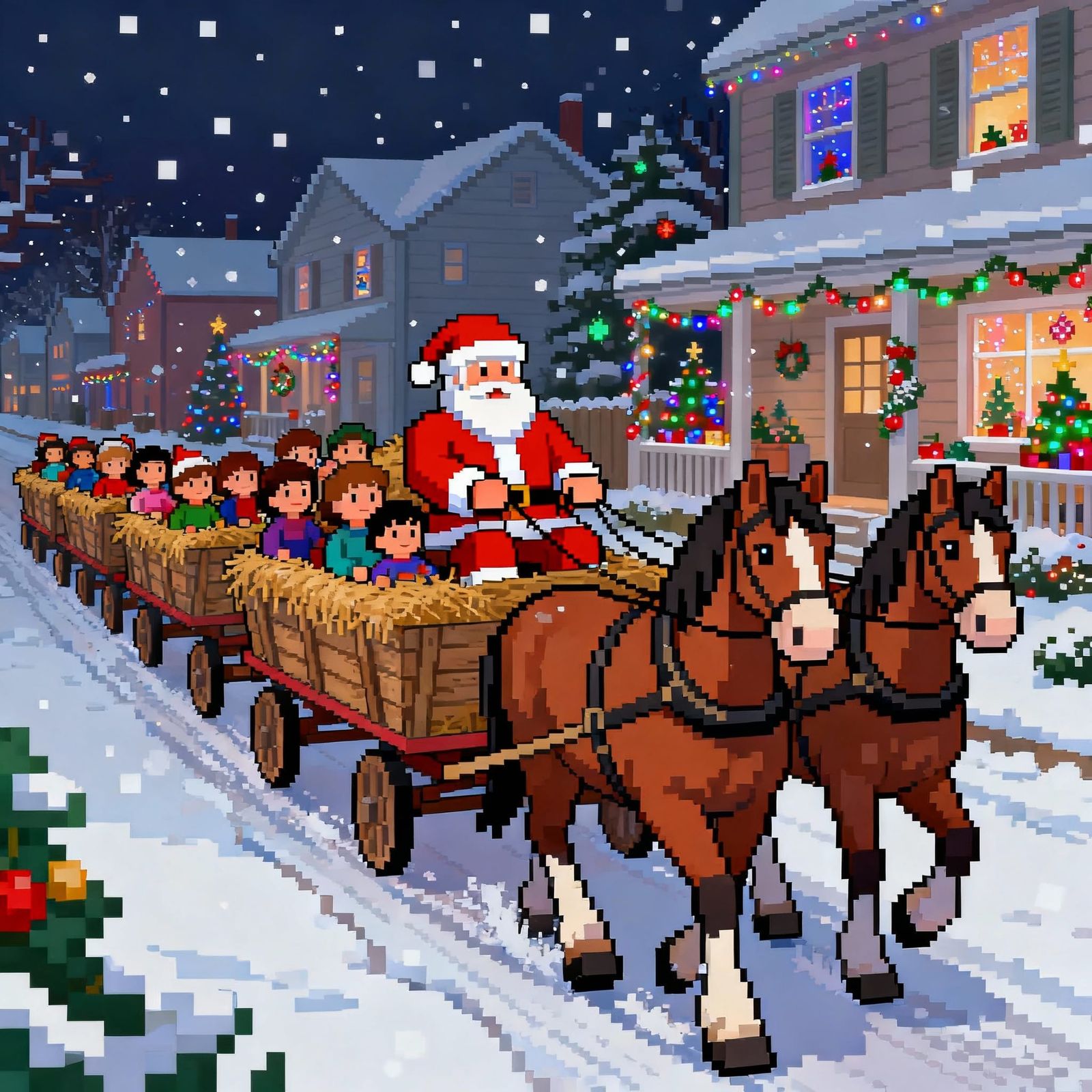 8 Bit Santa Drives Clydesdales Through Snowy Village