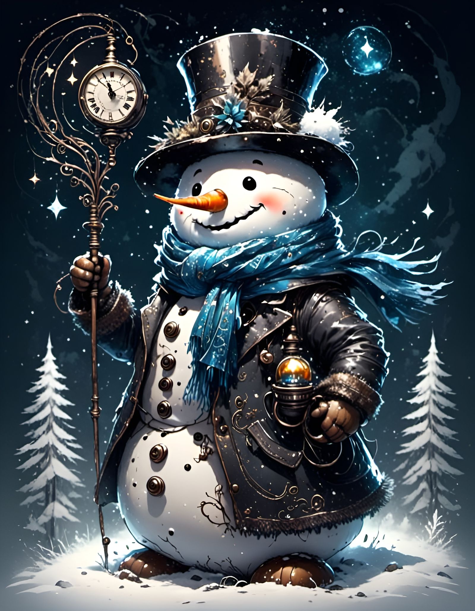 Steampunk Snowman Portrait with Luminous Ornaments