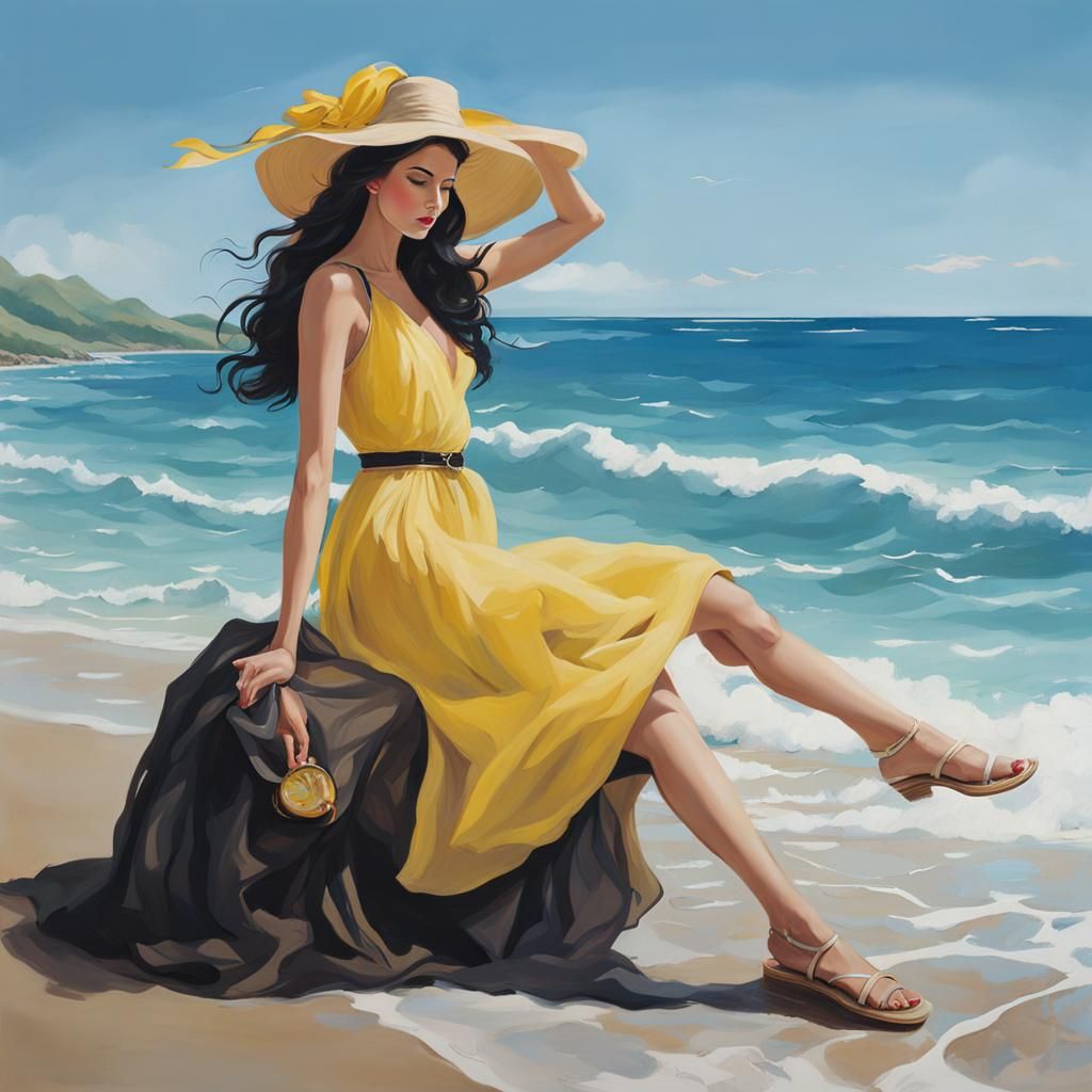 Woman sat on a rock at a windy beach