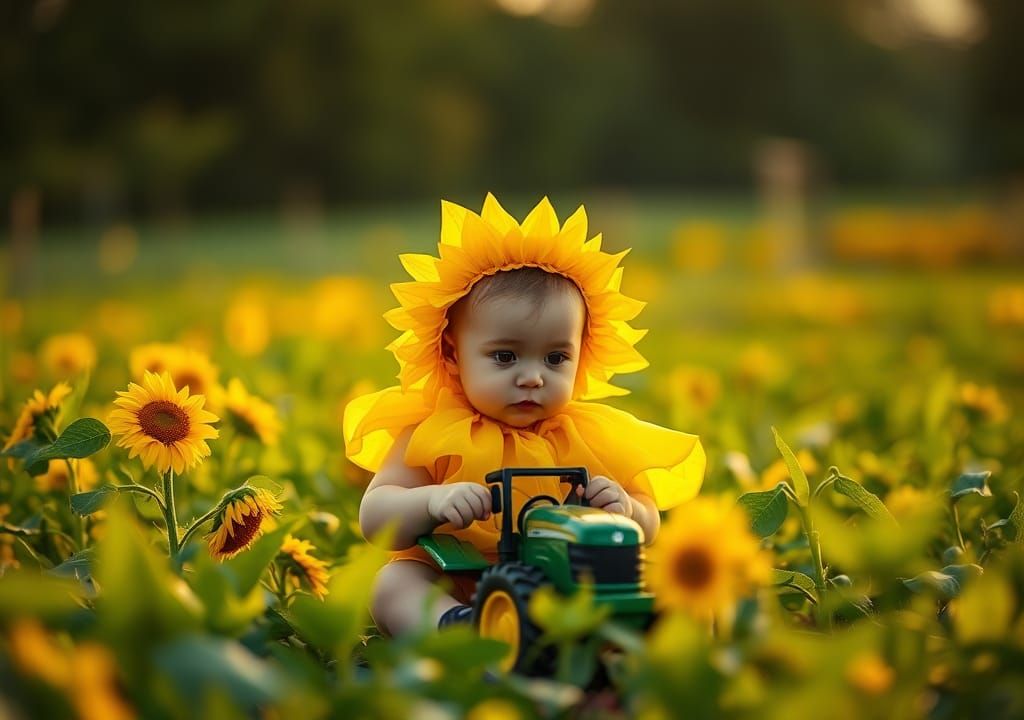 Baby in Sunflower Costume Plays on Farm