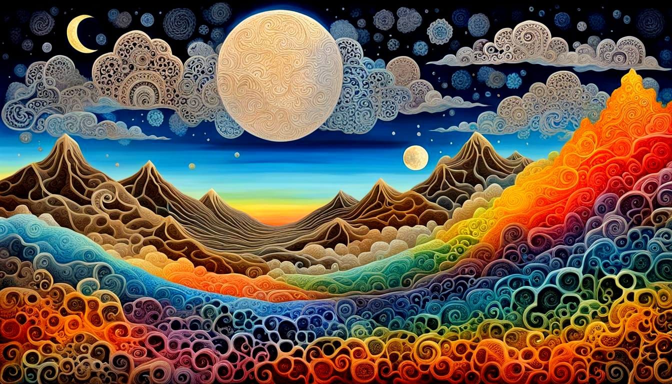 Surreal Psychedelic Landscape with Rainbow Moon