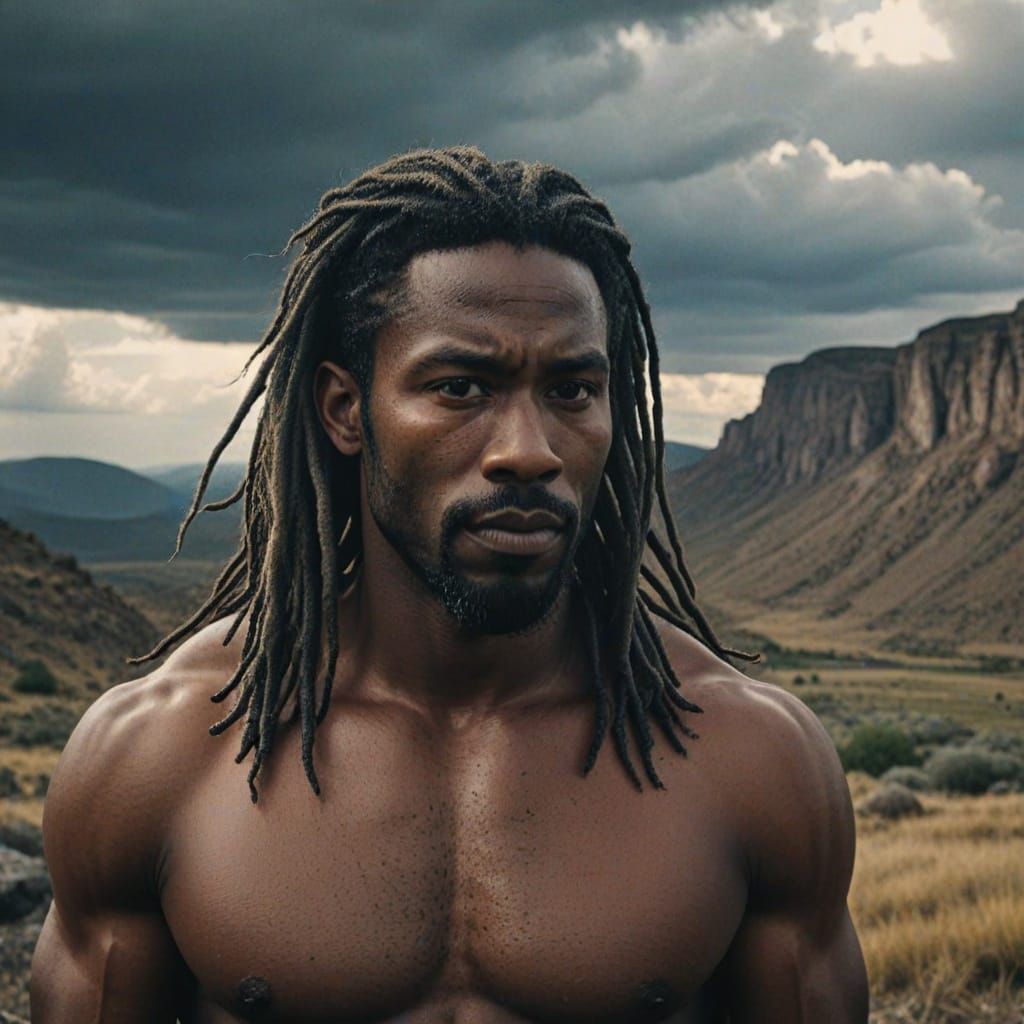 Confident Hero in Rocky Landscape, Cinematic Film Still