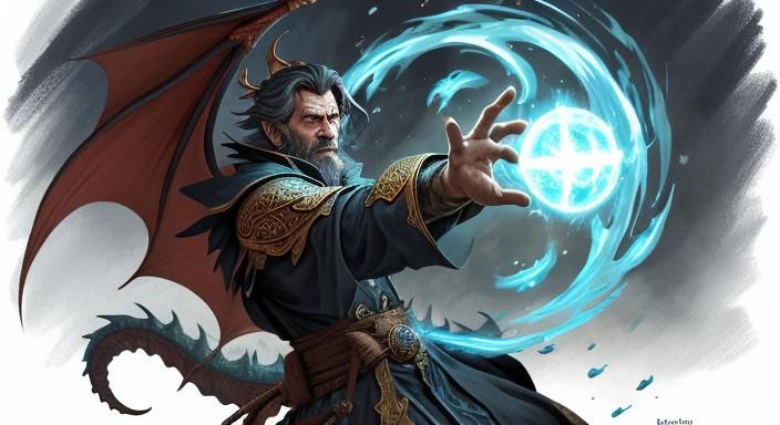 illustration sorcerer casting spell upon a dragon