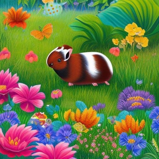 Playful Guinea Pigs in a Lush Garden, Cartoon Art