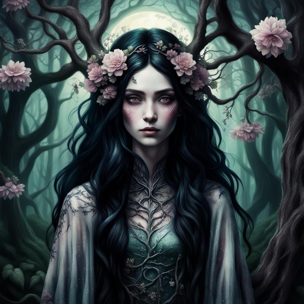 Goth Spring Nature Goddess in Moonlit Forest