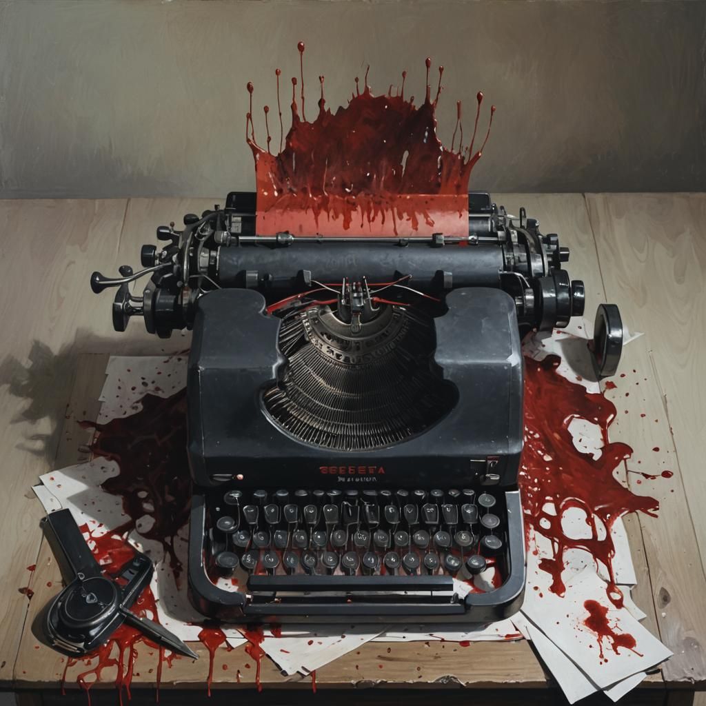 Sinister Typewriter on Bloody Desk: Digital Art