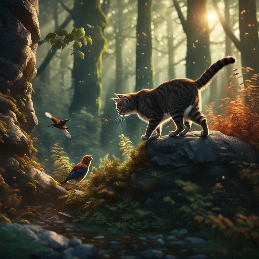 Cat Hunting Bird in Forest: Detailed Matte Painting