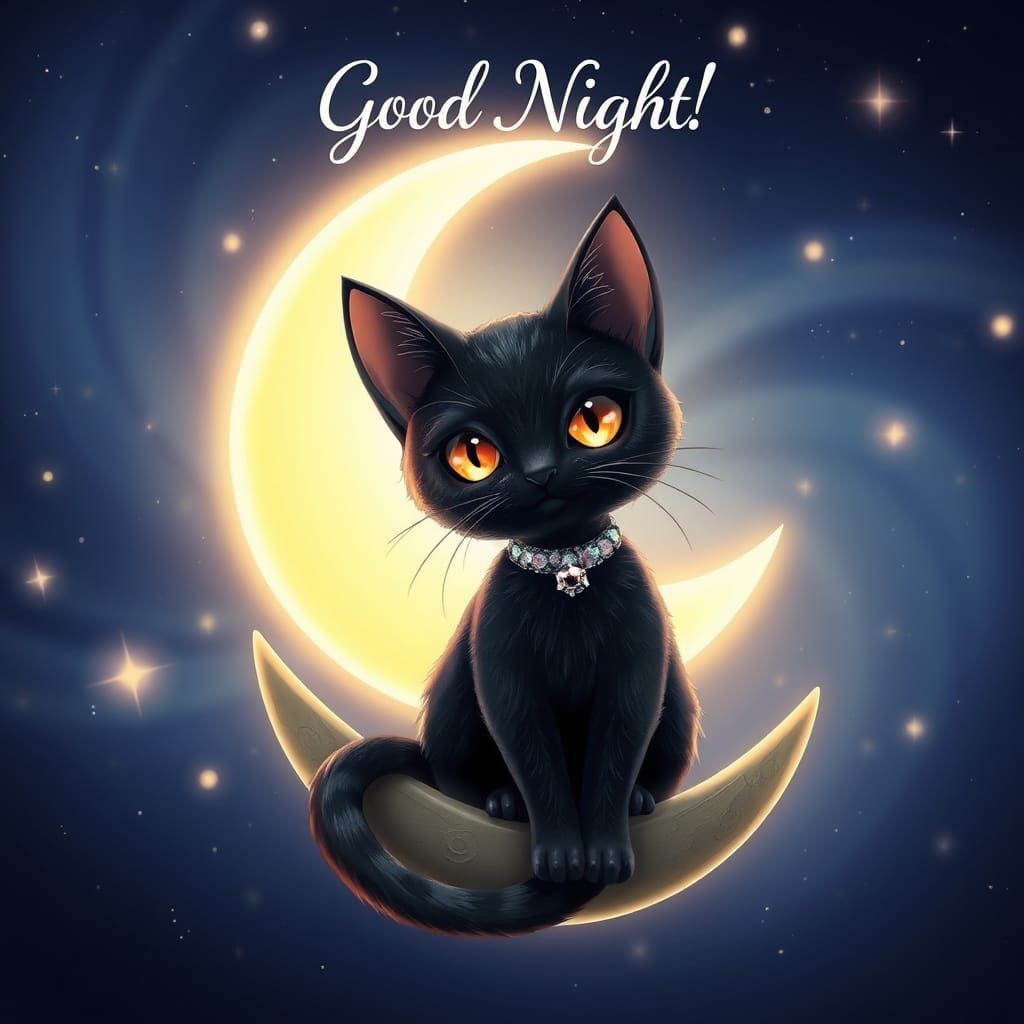 Black Cat on Crescent Moon in Anime Style