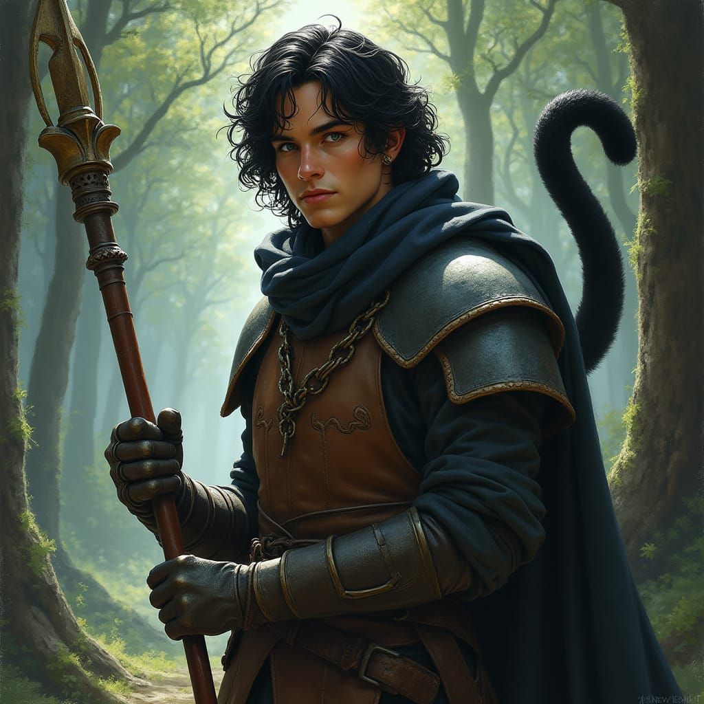 Mystical Warrior in Leather Armor, Quarterstaff in Hand