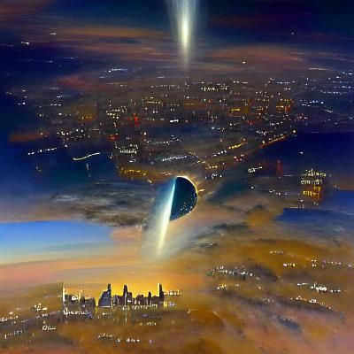 Comet Over City, Oil Painting
