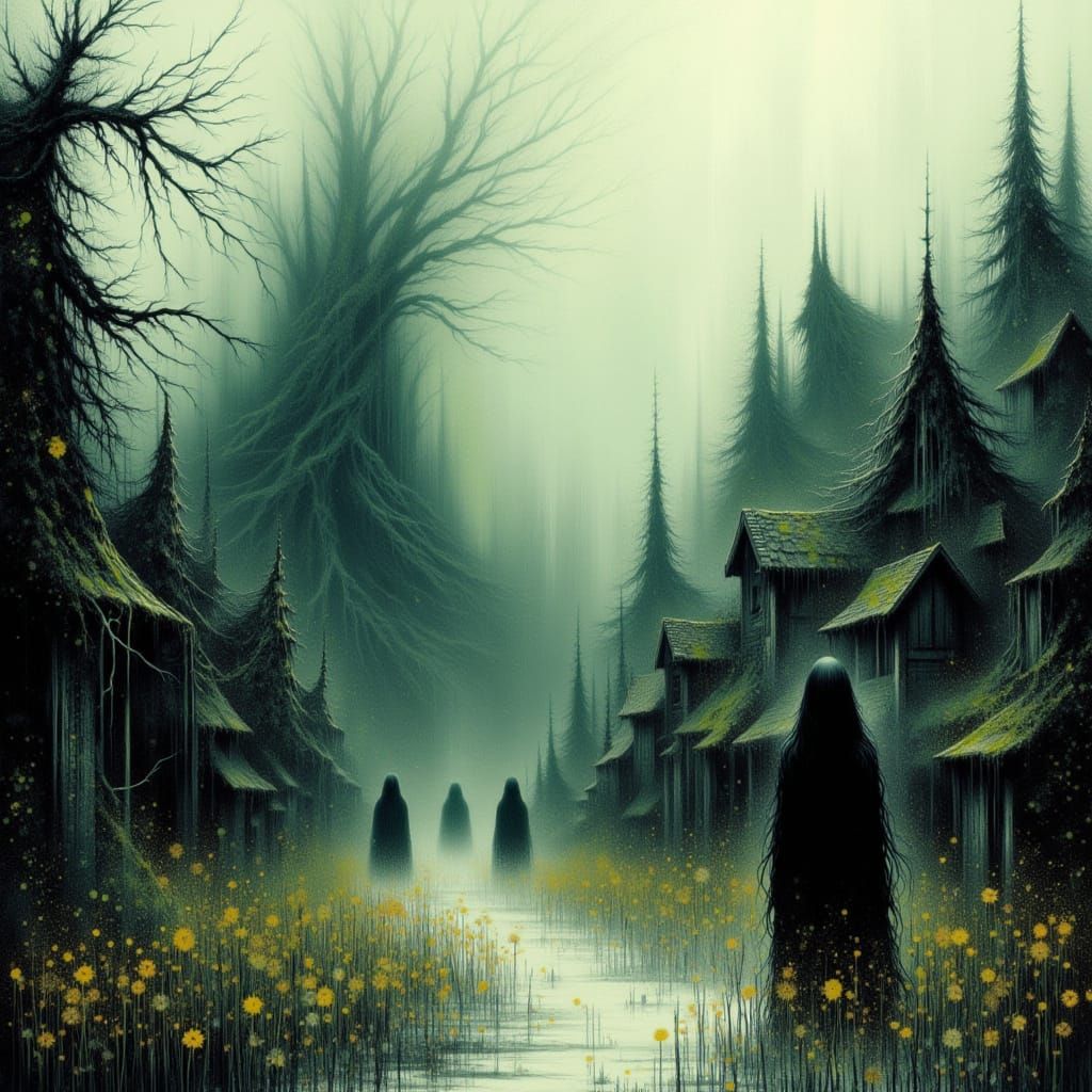 Surreal Drowned Village in Foggy Horror Style