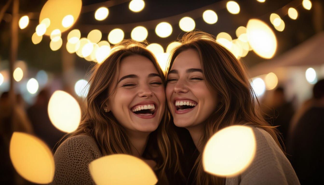 Joyful Friends Laughing Under Festival String Lights