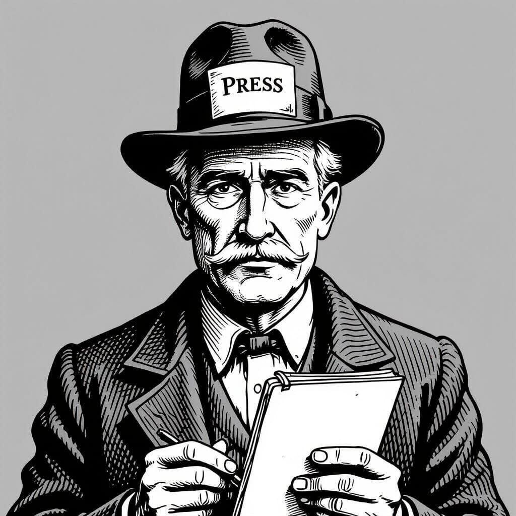 Old-Fashioned Journalist in Black and White Dot Drawing