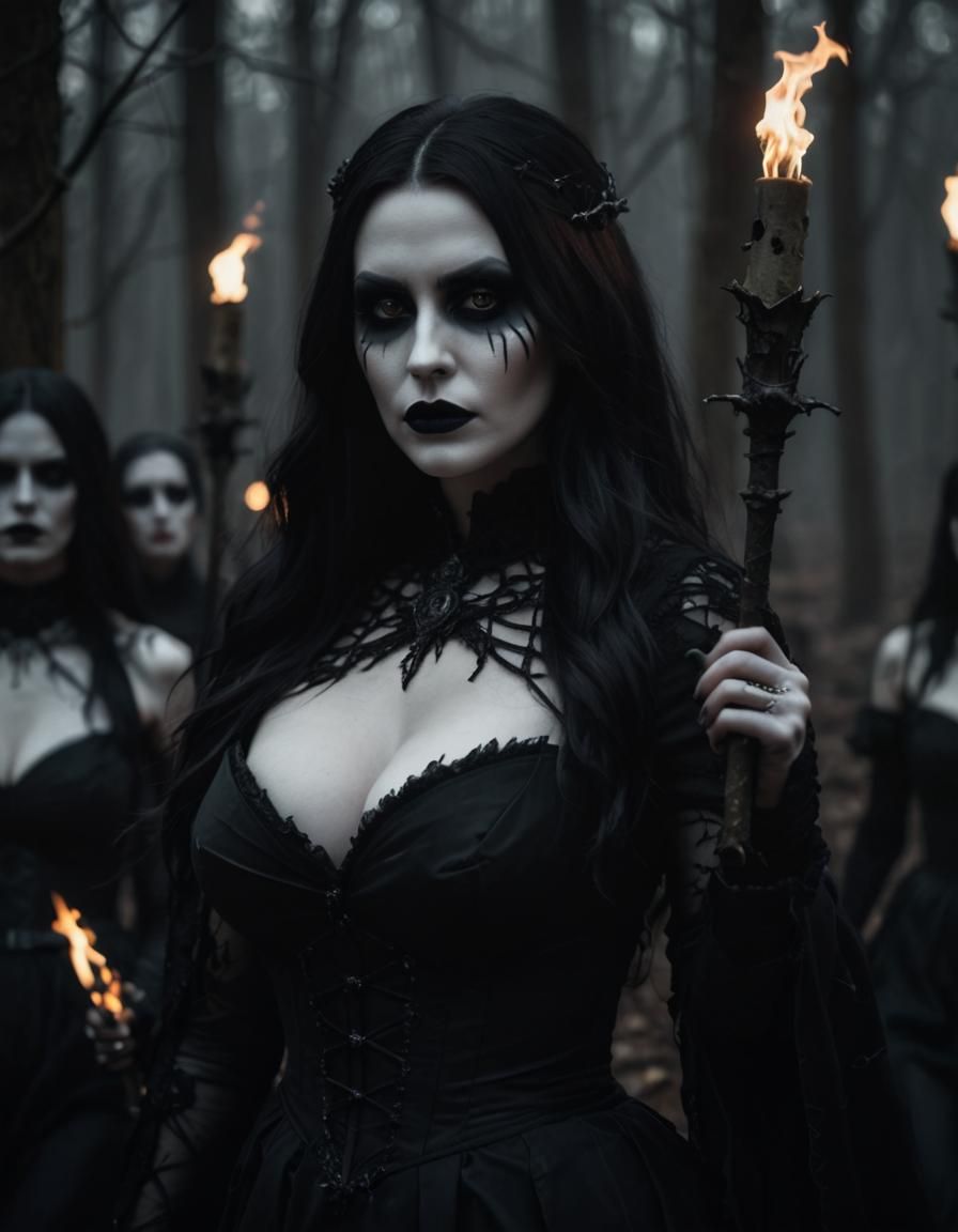 Gothic Women with Torches in Dead Forest