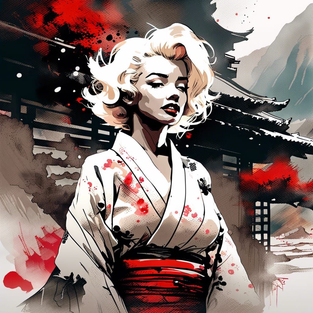 Marilyn Monroe in Kimono with Japanese Mountains