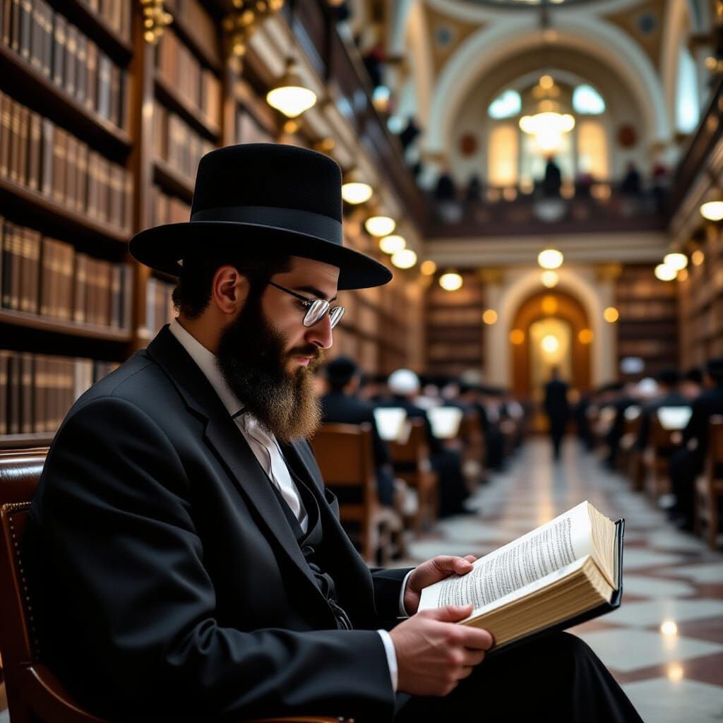 Ultra-Orthodox Man Studies Gemara in Library Setting