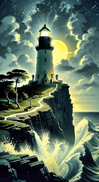 Majestic Lighthouse Guiding Ships at Night