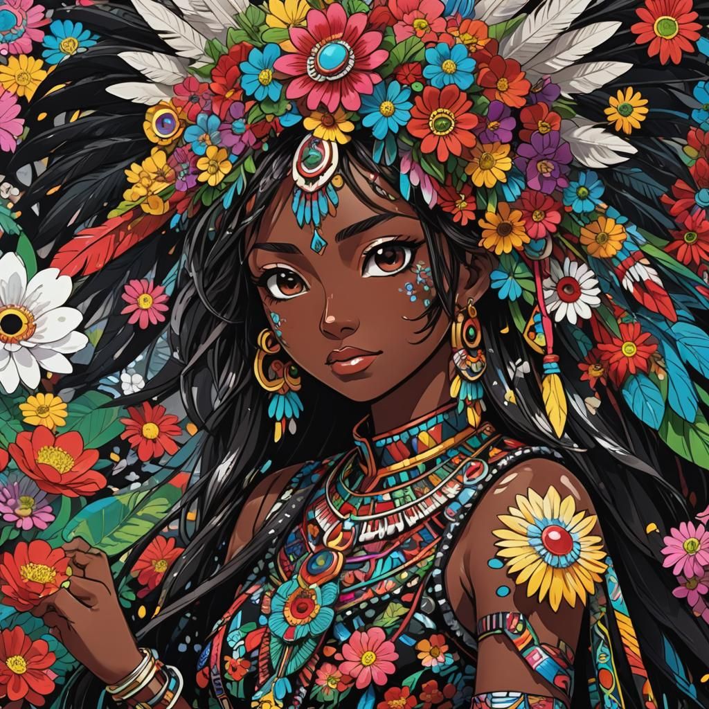 Anime Manga Aztec Girl with Flowers and Sword