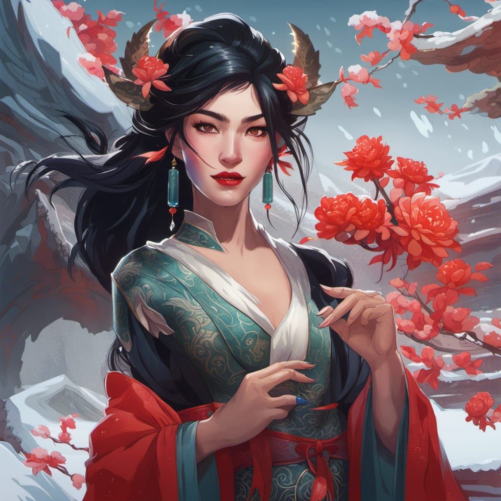 Chinese Dragon Dress Portrait with Flowers and Ice