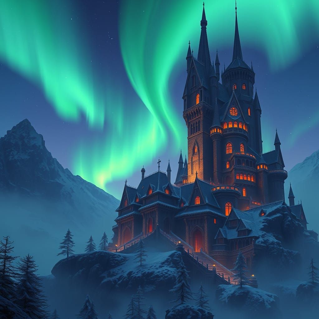 Northern Lights Illuminated Castle in Fantastical Detail