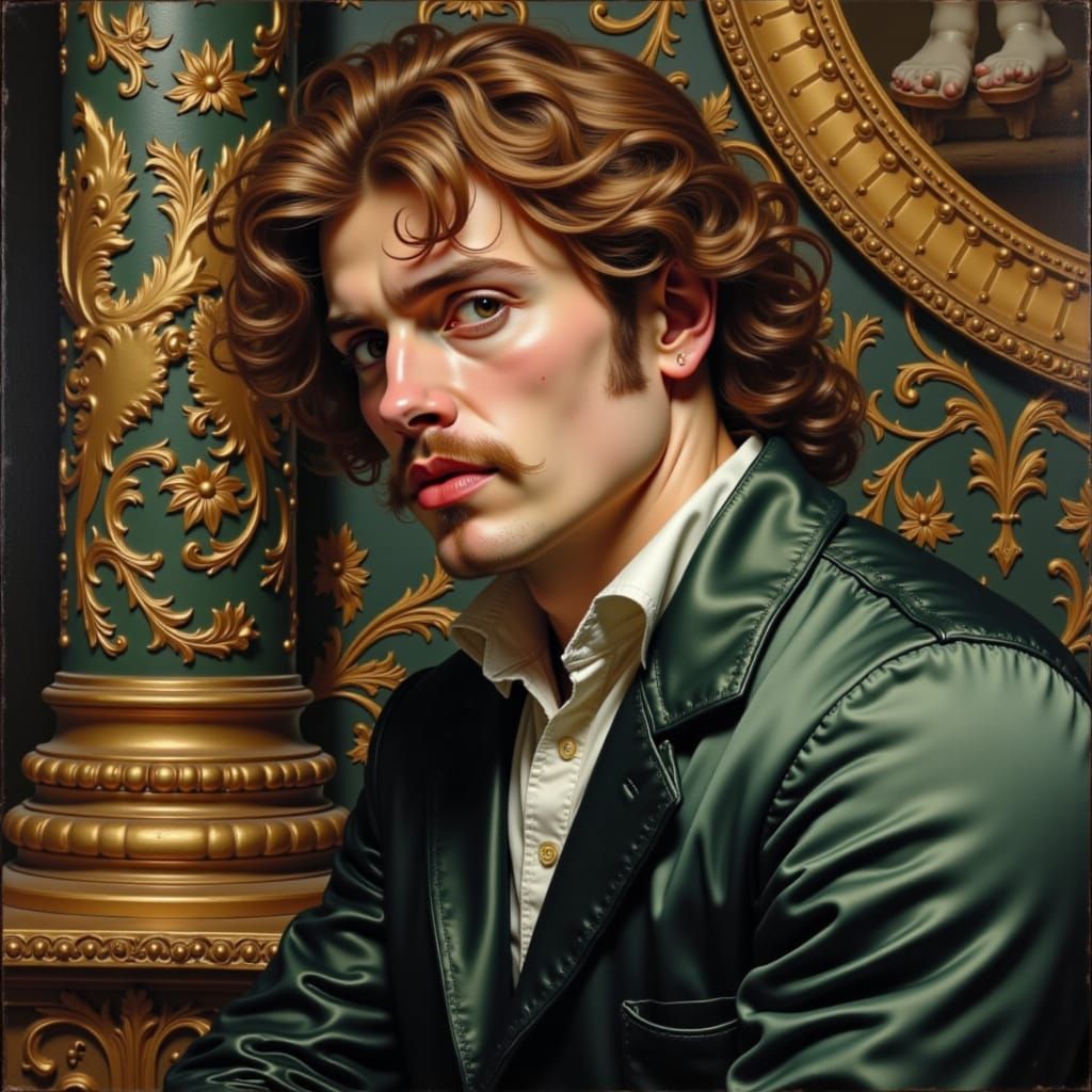 Bearded Alpha Male in Gilded Salon, Ink Drawing Style