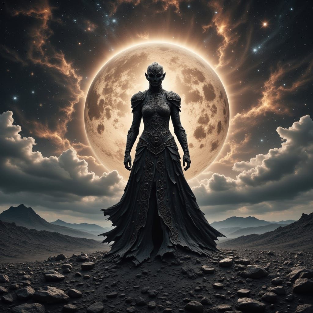 Armored Warrior Silhouette Against Fiery Nebula