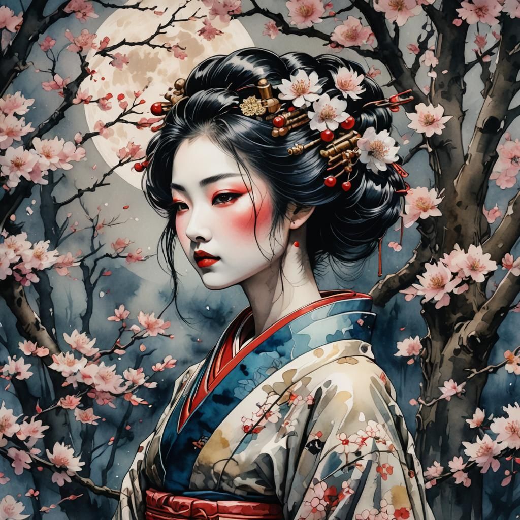 Geisha Portrait in Cherry Blossom Forest Watercolor
