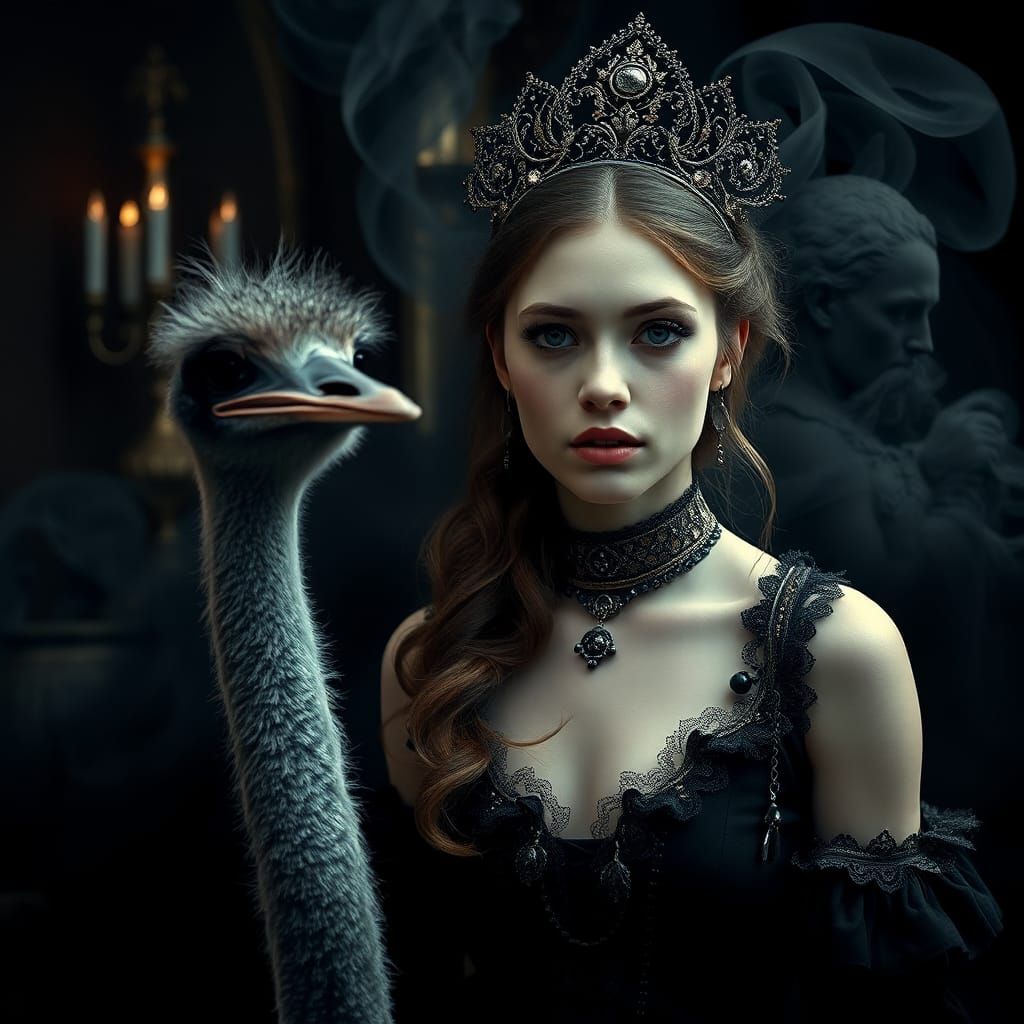 Woman and Ostrich in Smoky Baroque Style