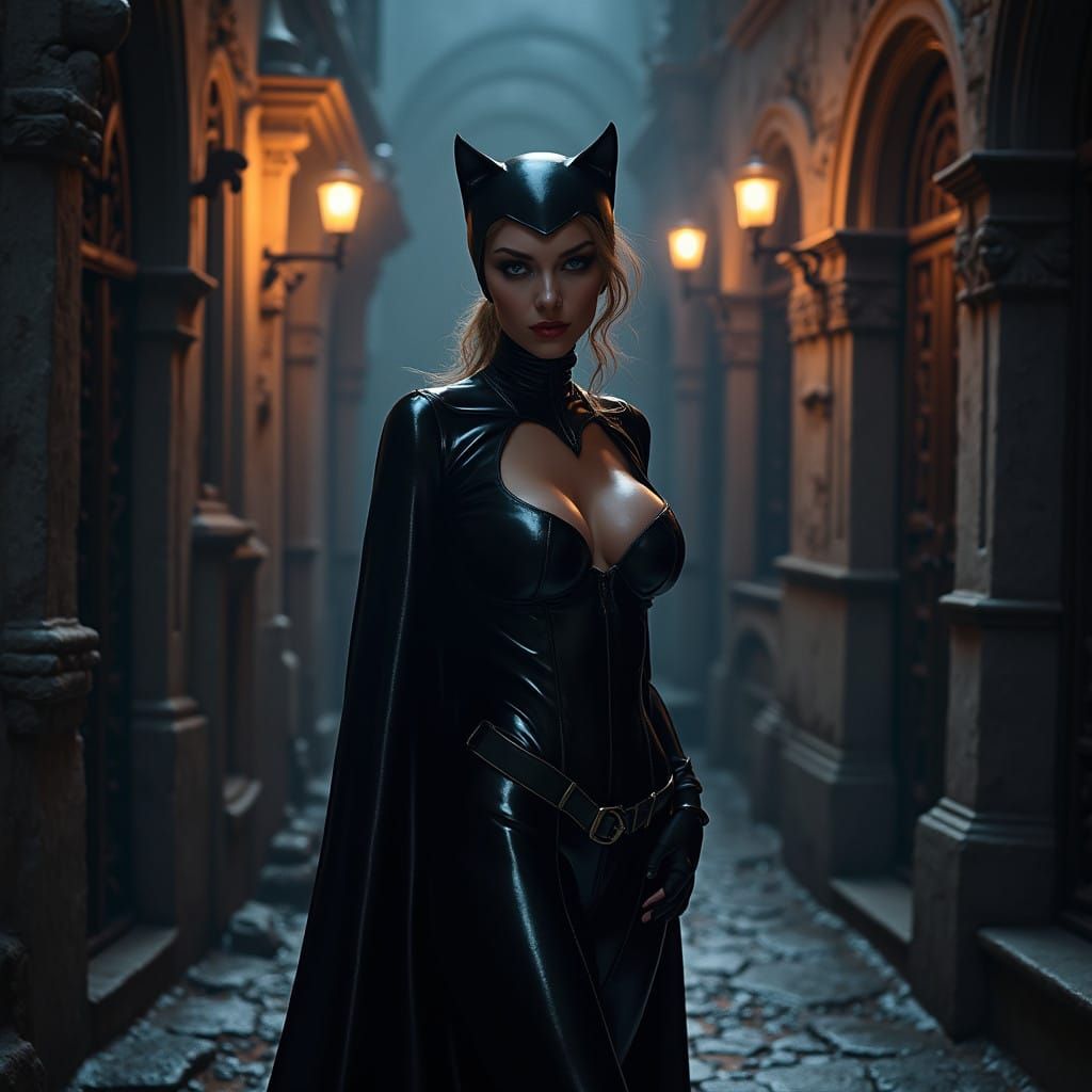 Gothic Catwoman Reigns in Moody Gotham City Alleyway