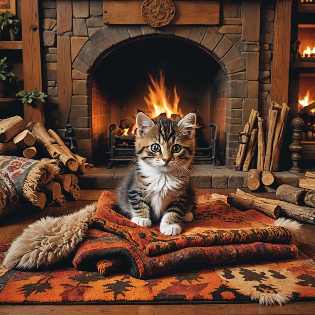 Cozy Kitten by Fireplace in Hyperrealistic Detail