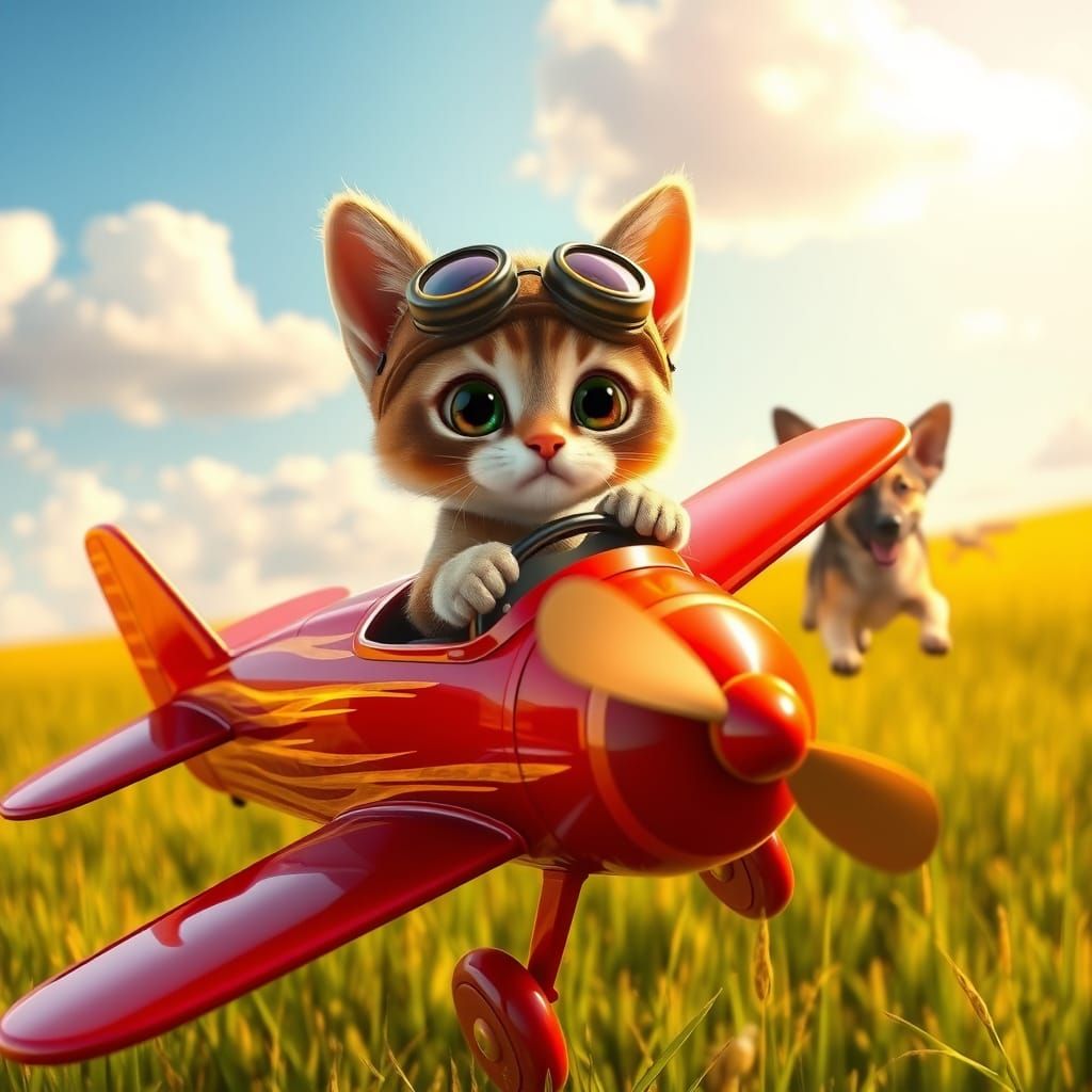 Kitten Aviator Soaring Above Meadow in Toy Biplane
