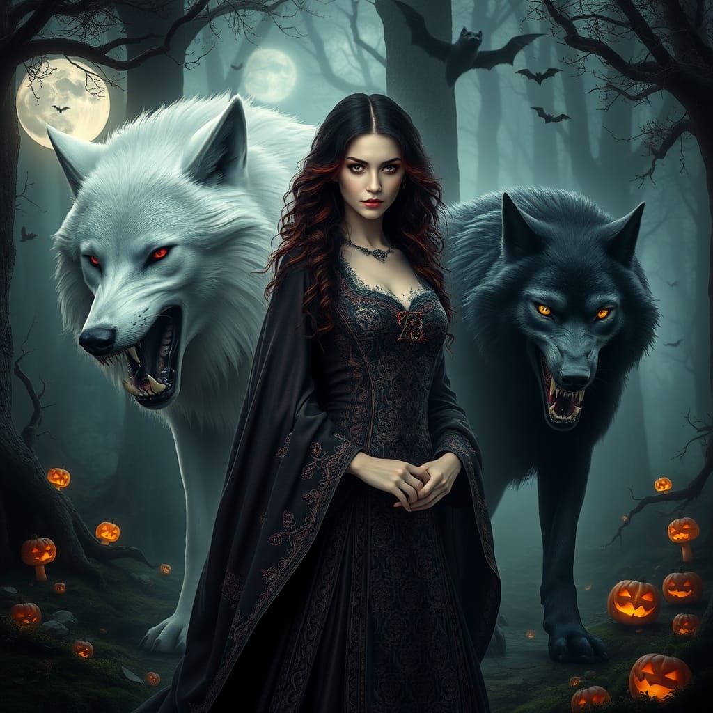 Evil Woman with Wolves in Mystical Forest