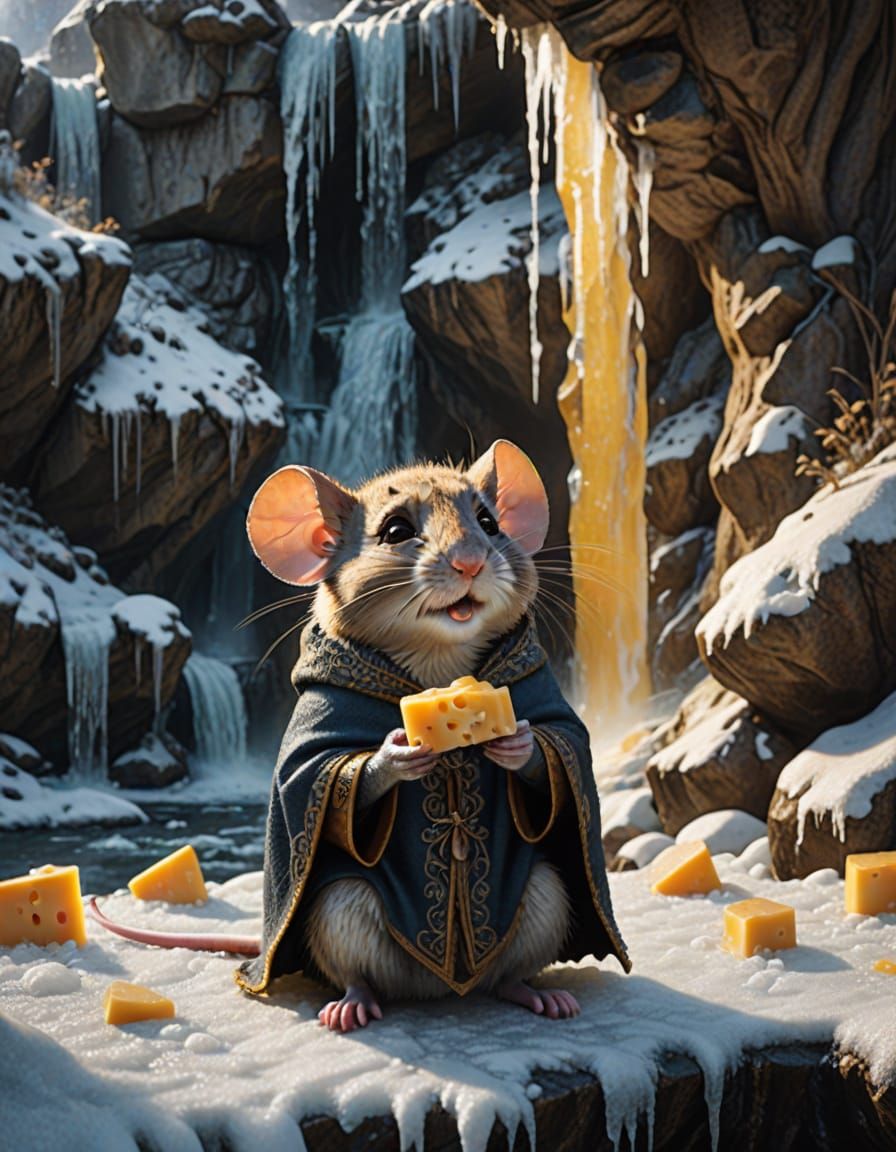 Mouse Under Frozen Waterfall: Photorealistic Digital Paintin...