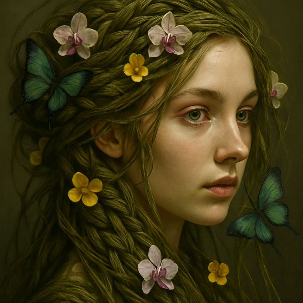 Ethereal Woman with Hair of Grass and Flowers