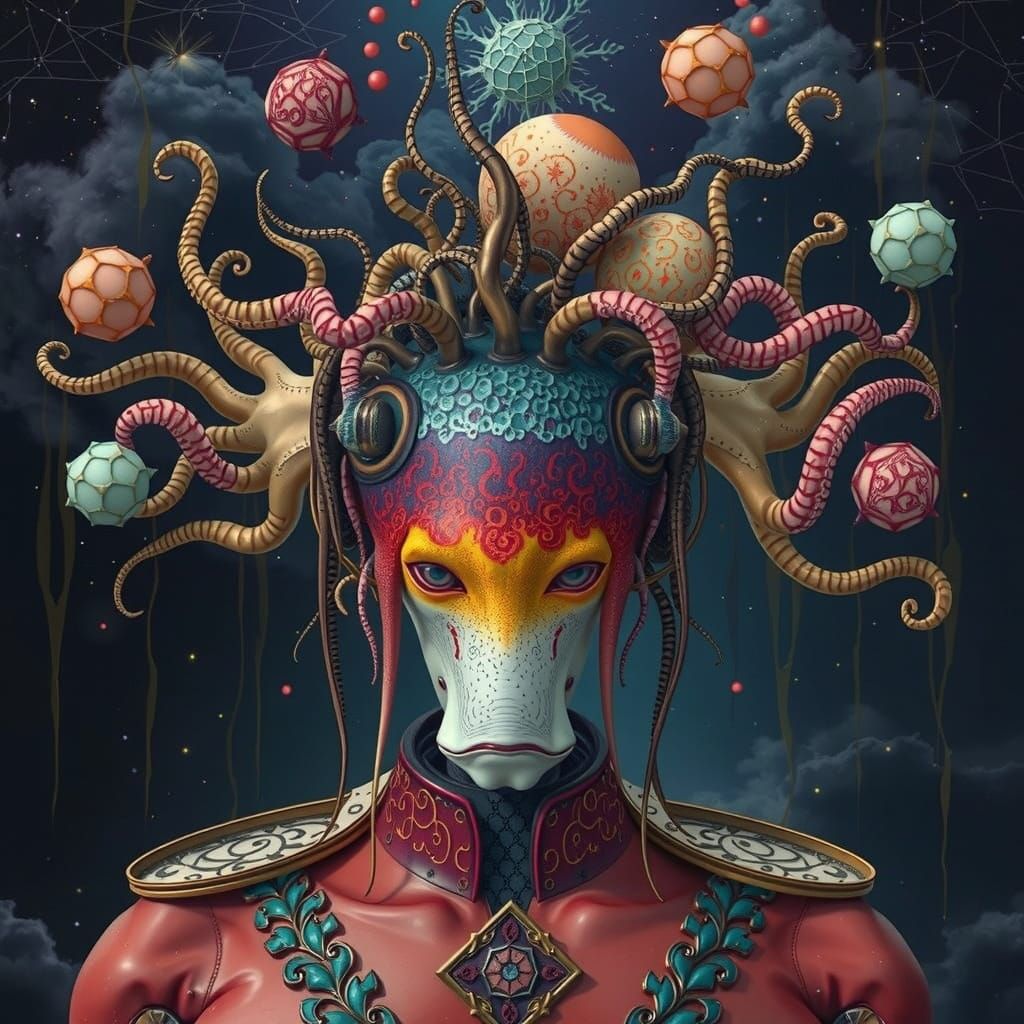 Intricate AI Entity in Cosmic Cloudberry Sky