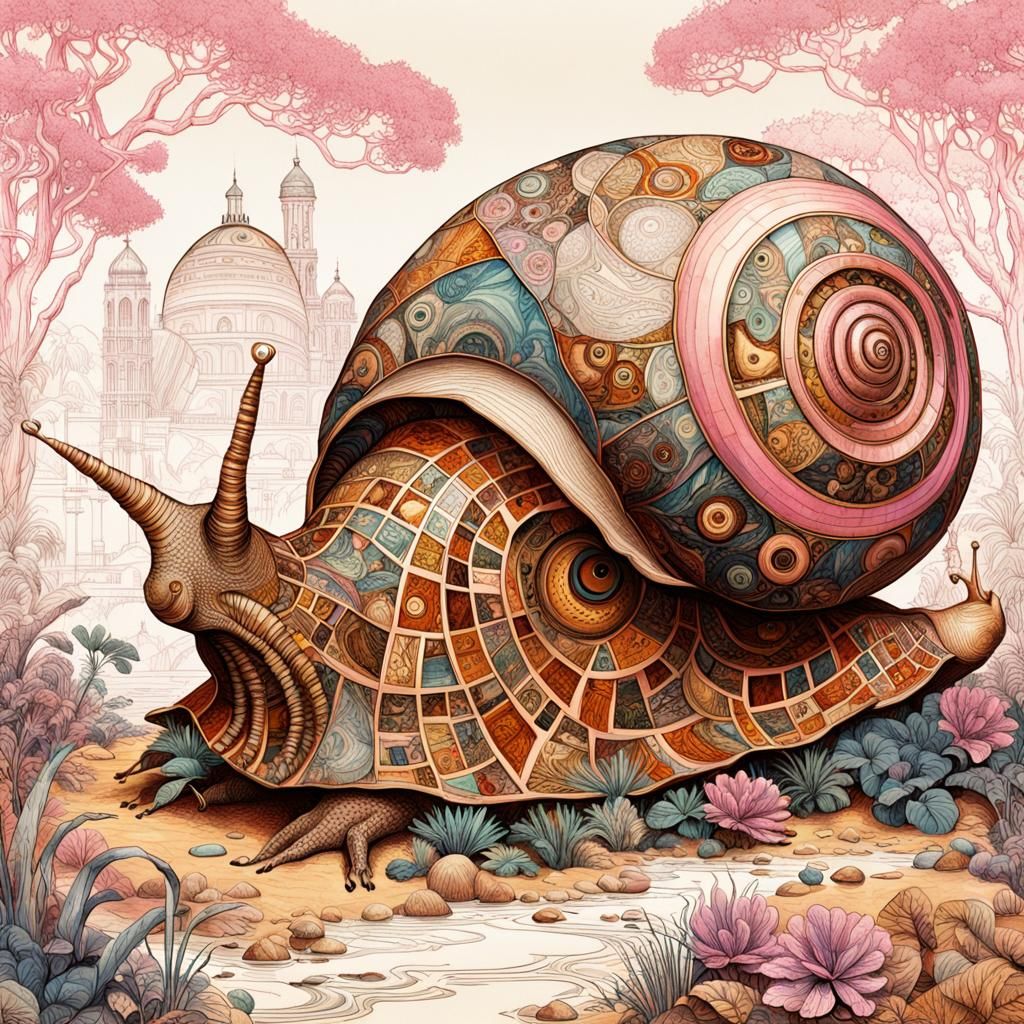 Human Snail Animatronic in Jungle Desert, Steampunk Style