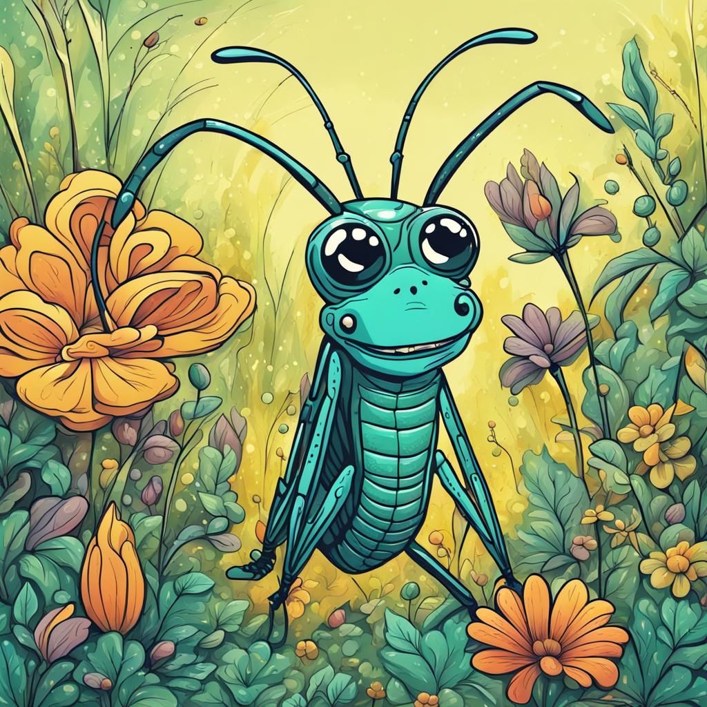 Sad Grasshopper in Magical Garden Cartoon