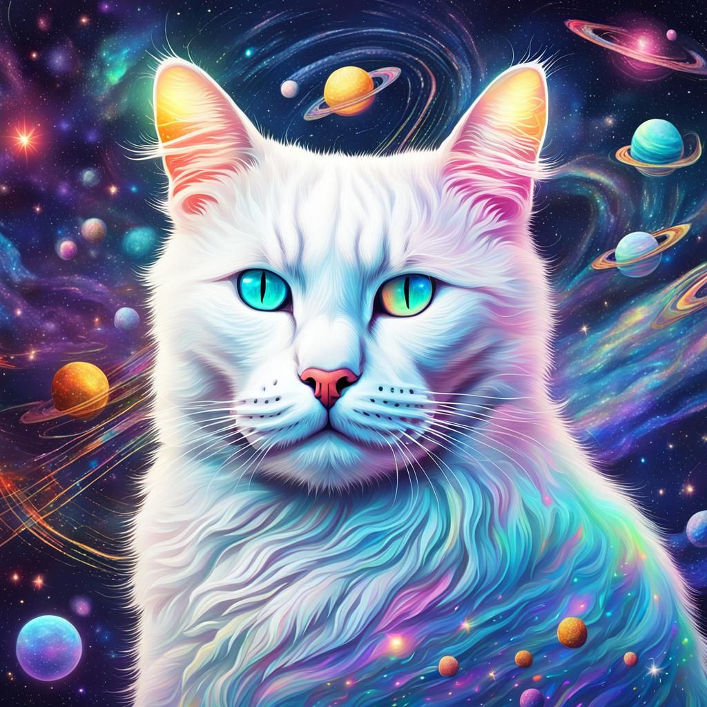 White Cat in Psychedelic Astral Illustration