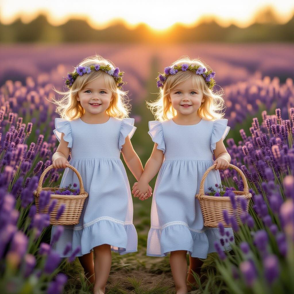 Twin Girls in Lavender Field at Golden Hour
